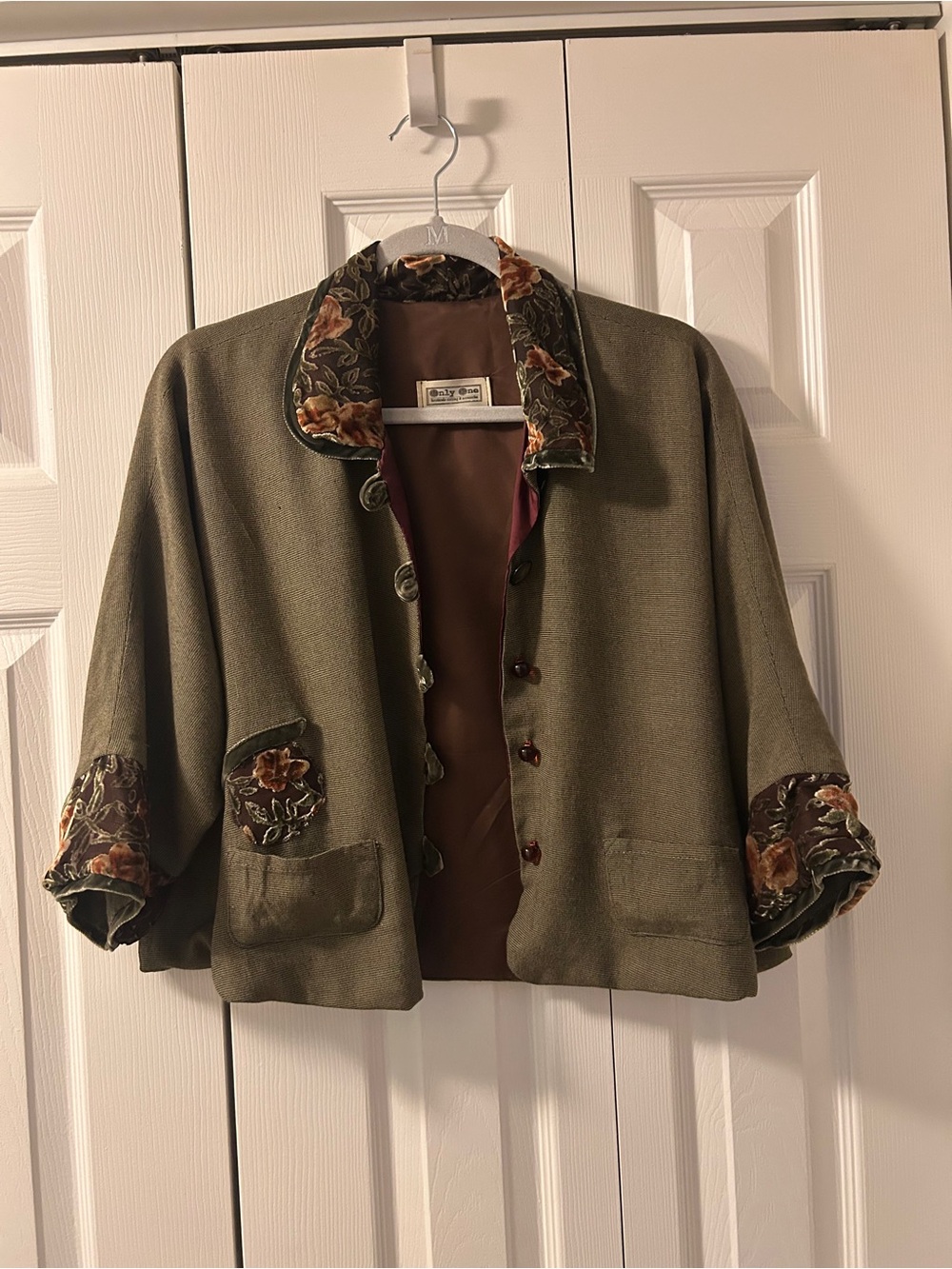 Vintage Only One Handmade Boho Tapestry Trim Cropped Jacket Olive Green
